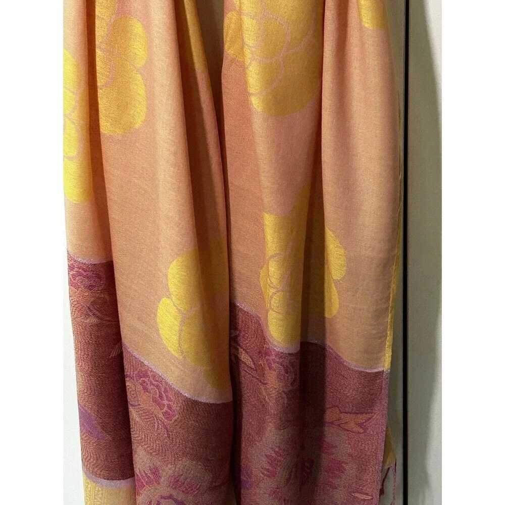 100% Pashmina Wrap Scarf Fringe Floral Print Metallic Thread Accents Preppy